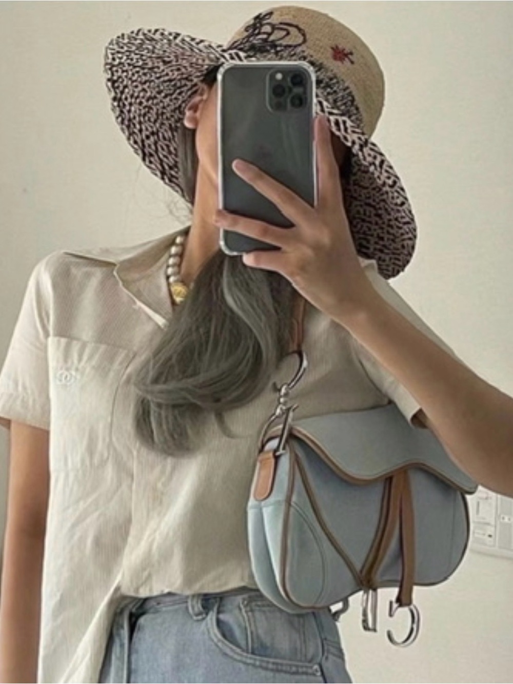 Auth DIOR Light Blue fabric double Saddle Bag Tan leather Trim vintage Silver - Picture 9 of 14